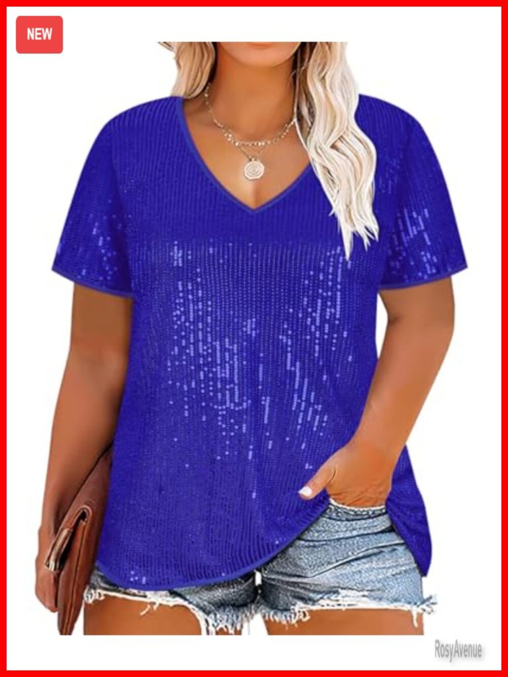 Plus Size Sequin Top Short Sleeve V Neck Sparkle Party Blouse Loose Fit